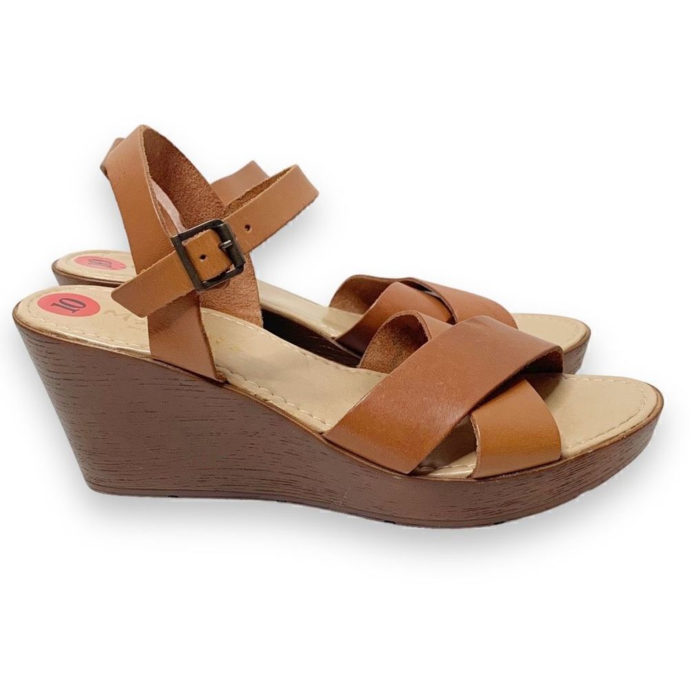 Mariella Women’s Leather Ankle Strap Wooden Wedge Cross Straps Tan Sandal Sz 10M